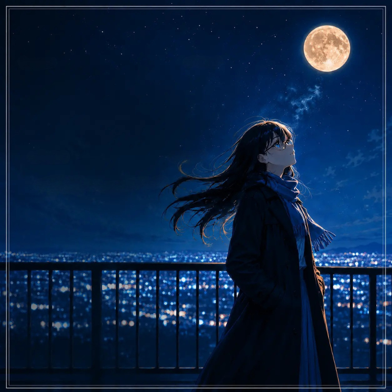 月夜の街を見上げる女性